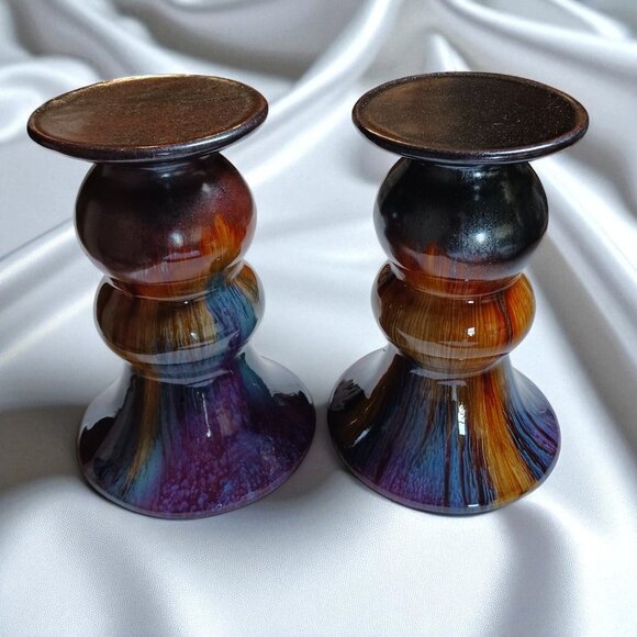 Vintage Set of Two Flambé Ceramic Candle Holders Pair Purple Blue Orange Pillars - Picture 2 of 10